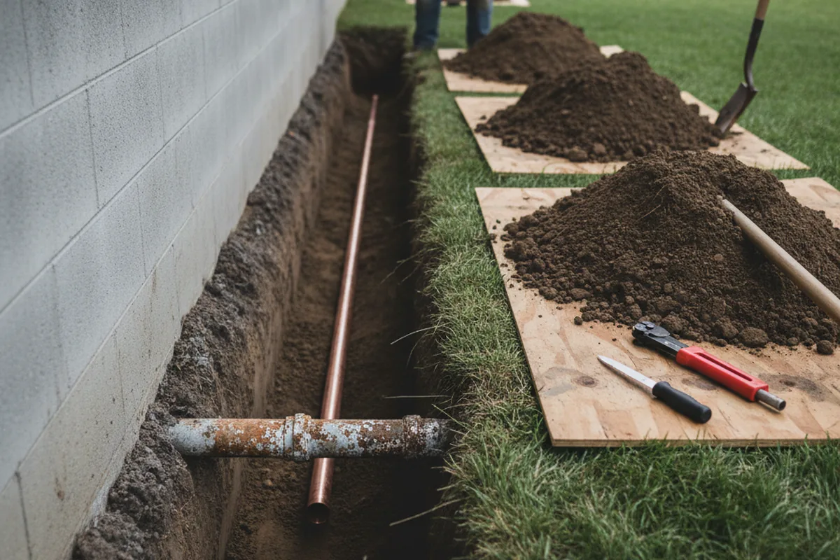 Excavated water line trench during Sewer Line Repair in Bourbonnais